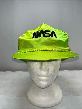 Progressive Vintage 80s NASA Hat Neon Green Satin Rope Snapback Trucker Cap